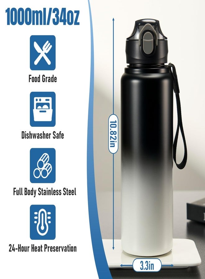 Ratrabas 1L/33oz Insulated Water Bottle with Straw Stainless Steel Food Material Big Water Bottle Food Grade Waterbottle for Adults-Gradient Black For Sports,Travel,Hiking,Camping,Office - Image 2